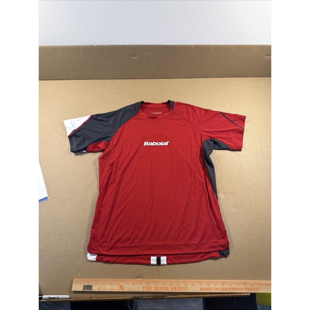 Babolat Tennis Shirt Mens Medium Short Sleeve Crew Neck Tee Logo Gray White Red